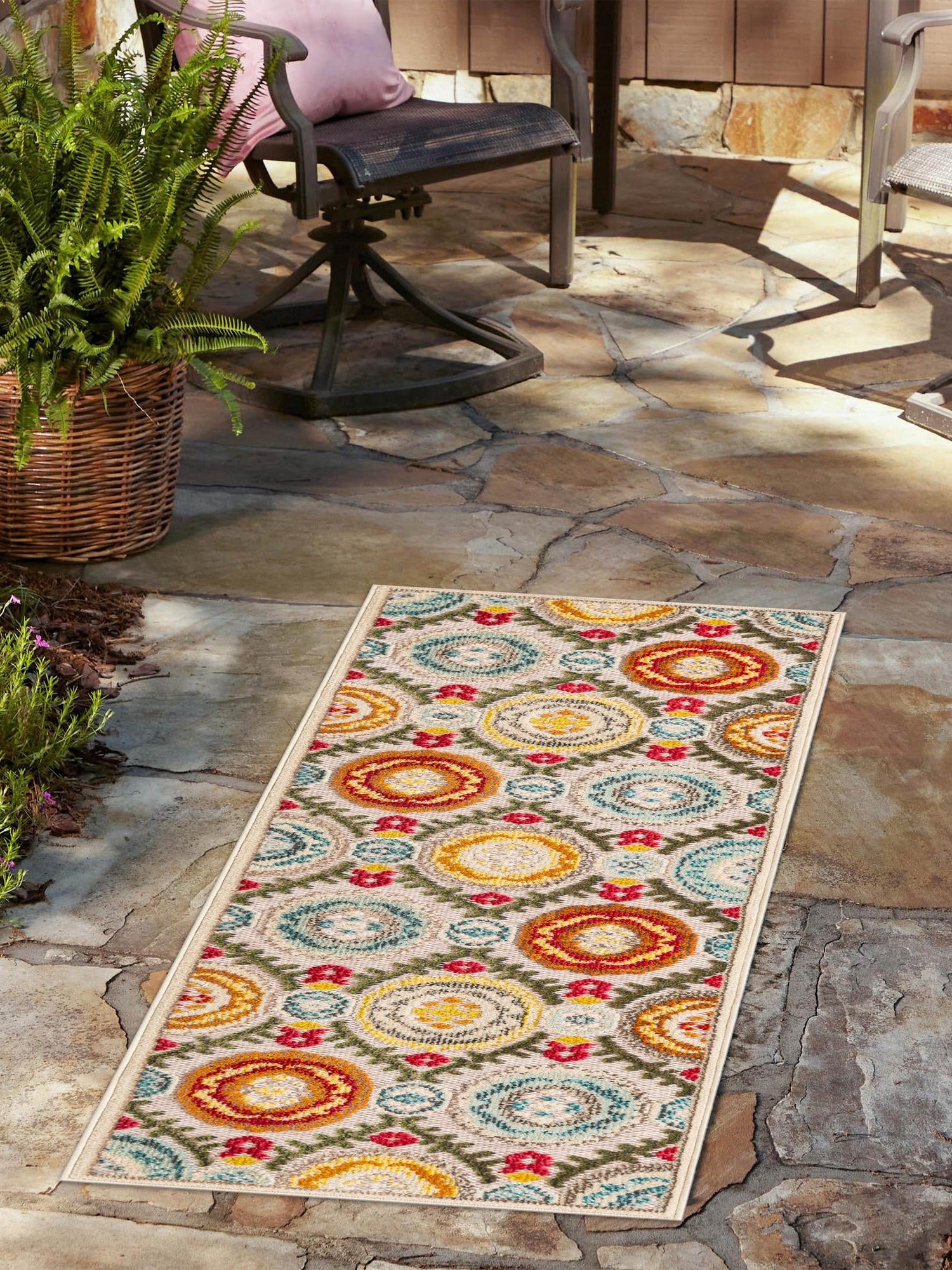 Ivory Beige 2' 7 x 12' Outdoor Casablanca Runner Area Rug Weather Resistant for Patio, Deck, Terrace, Balcony, Porch Polypropylene Vivid Colorful Modern Carpet for Sale at Rug Engine