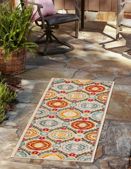 Ivory Beige 2' 7 x 12' Outdoor Casablanca Runner Area Rug Weather Resistant for Patio, Deck, Terrace, Balcony, Porch Polypropylene Vivid Colorful Modern Carpet for Sale at Rug Engine