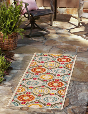 Ivory Beige 2' 7 x 10' Outdoor Casablanca Runner Area Rug Weather Resistant for Patio, Deck, Terrace, Balcony, Porch Polypropylene Vivid Colorful Modern Carpet for Sale at Rug Engine