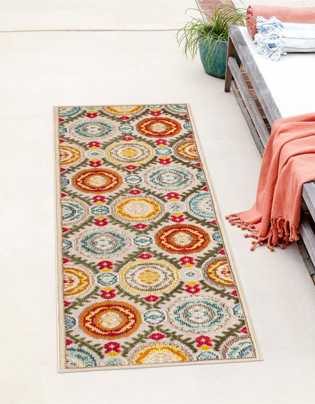 Ivory Beige 2' 7 x 10' Outdoor Casablanca Runner Area Rug Weather Resistant for Patio, Deck, Terrace, Balcony, Porch Polypropylene Vivid Colorful Modern Carpet for Sale at Rug Engine
