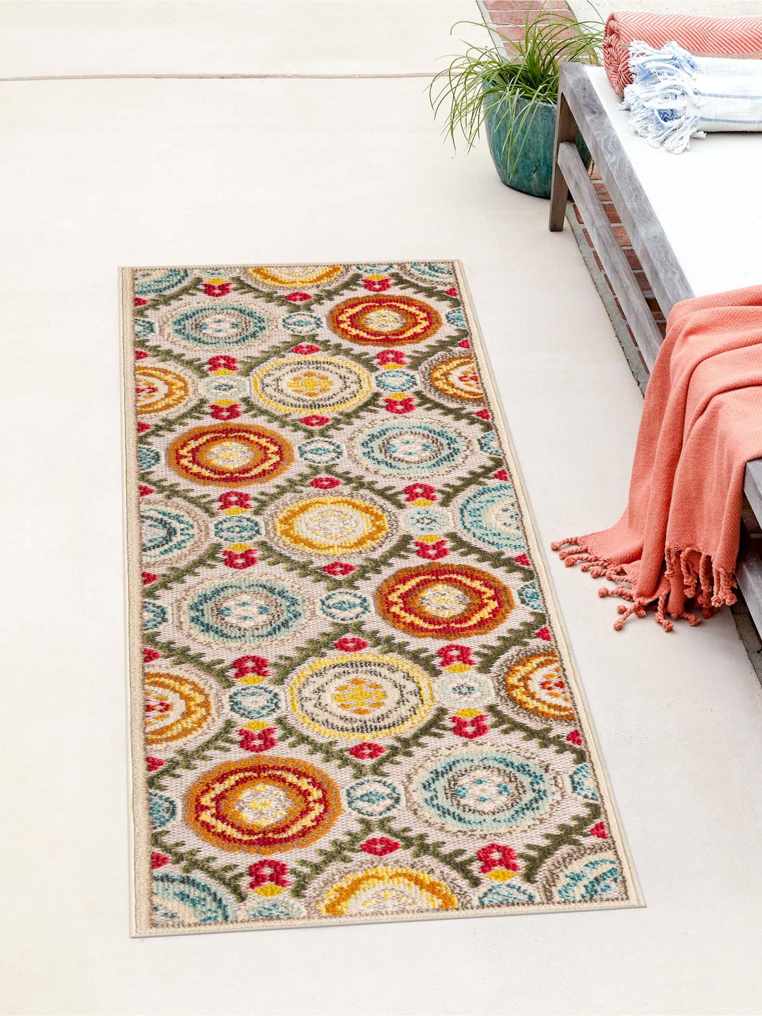 Ivory Beige 2' 7 x 12' Outdoor Casablanca Runner Area Rug Weather Resistant for Patio, Deck, Terrace, Balcony, Porch Polypropylene Vivid Colorful Modern Carpet for Sale at Rug Engine