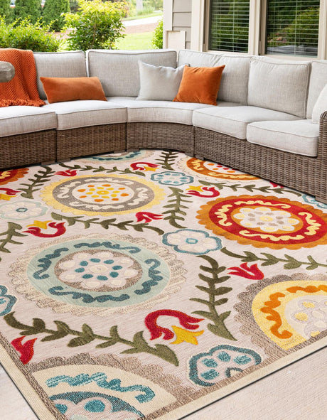Ivory Beige 7' 10 x 7' 10 Outdoor Casablanca Square Area Rug Weather Resistant for Patio, Deck, Terrace, Balcony, Porch Polypropylene Vivid Colorful Modern Carpet for Sale at Rug Engine