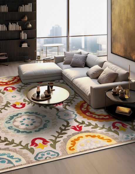 Ivory Beige 7' 10 x 7' 10 Outdoor Casablanca Square Area Rug Weather Resistant for Patio, Deck, Terrace, Balcony, Porch Polypropylene Vivid Colorful Modern Carpet for Sale at Rug Engine