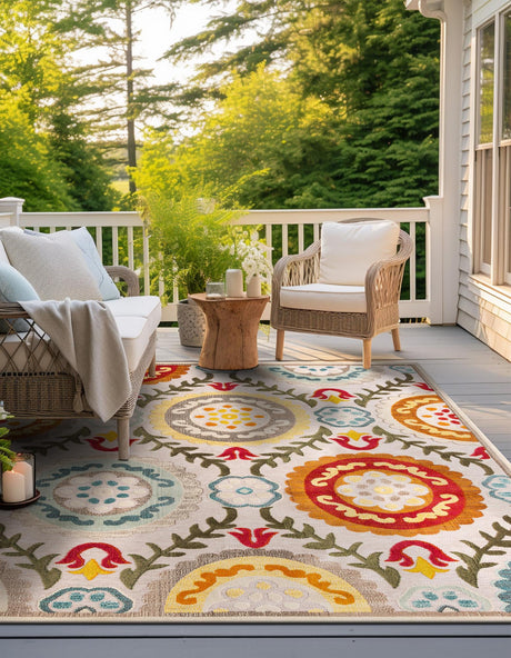 Ivory Beige 10' x 10' Outdoor Casablanca Square Area Rug Weather Resistant for Patio, Deck, Terrace, Balcony, Porch Polypropylene Vivid Colorful Modern Carpet for Sale at Rug Engine