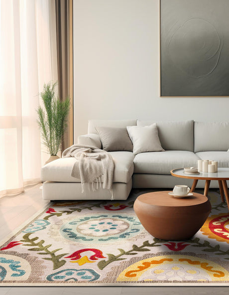 Ivory Beige 7' 10 x 7' 10 Outdoor Casablanca Square Area Rug Weather Resistant for Patio, Deck, Terrace, Balcony, Porch Polypropylene Vivid Colorful Modern Carpet for Sale at Rug Engine