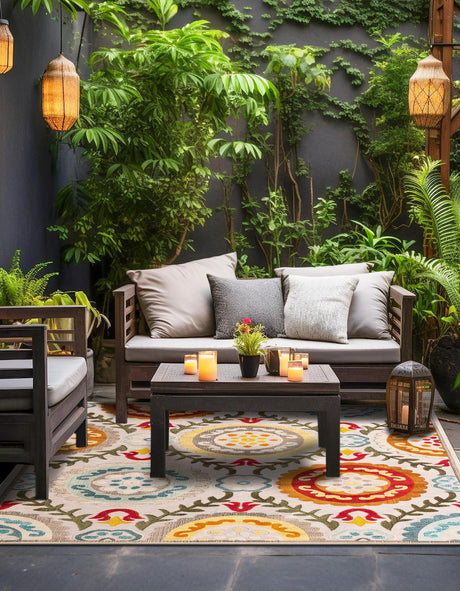 Ivory Beige 10' x 10' Outdoor Casablanca Square Area Rug Weather Resistant for Patio, Deck, Terrace, Balcony, Porch Polypropylene Vivid Colorful Modern Carpet for Sale at Rug Engine