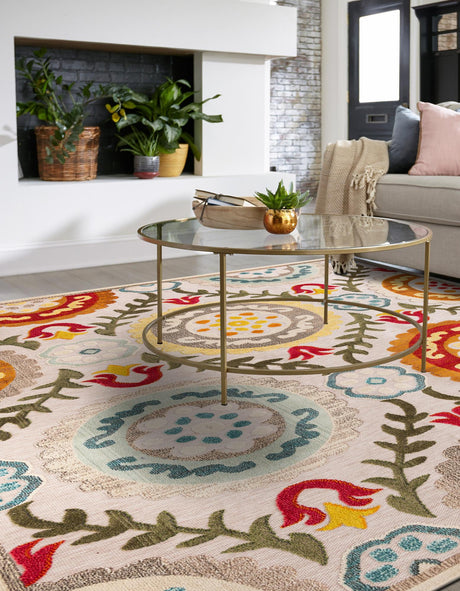 Ivory Beige 7' 10 x 7' 10 Outdoor Casablanca Square Area Rug Weather Resistant for Patio, Deck, Terrace, Balcony, Porch Polypropylene Vivid Colorful Modern Carpet for Sale at Rug Engine