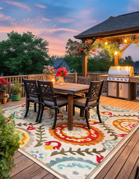 Ivory Beige 7' 10 x 7' 10 Outdoor Casablanca Square Area Rug Weather Resistant for Patio, Deck, Terrace, Balcony, Porch Polypropylene Vivid Colorful Modern Carpet for Sale at Rug Engine