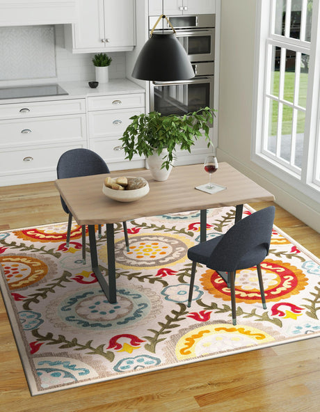 Ivory Beige 7' 10 x 7' 10 Outdoor Casablanca Square Area Rug Weather Resistant for Patio, Deck, Terrace, Balcony, Porch Polypropylene Vivid Colorful Modern Carpet for Sale at Rug Engine
