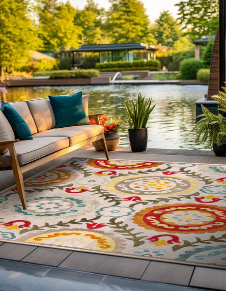 Ivory Beige 7' 10 x 7' 10 Outdoor Casablanca Square Area Rug Weather Resistant for Patio, Deck, Terrace, Balcony, Porch Polypropylene Vivid Colorful Modern Carpet for Sale at Rug Engine