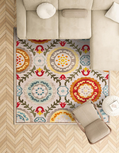 Ivory Beige 7' 10 x 7' 10 Outdoor Casablanca Square Area Rug Weather Resistant for Patio, Deck, Terrace, Balcony, Porch Polypropylene Vivid Colorful Modern Carpet for Sale at Rug Engine