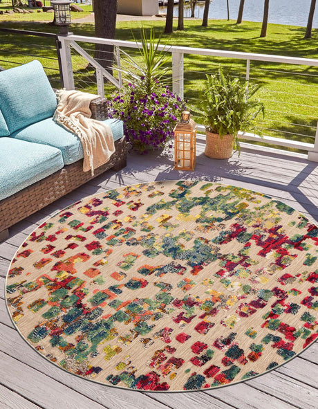 Multicolor 7' 10 x 7' 10 Outdoor Casablanca Round Area Rug Weather Resistant for Patio, Deck, Terrace, Balcony, Porch Polypropylene Vivid Colorful Modern Carpet for Sale at Rug Engine