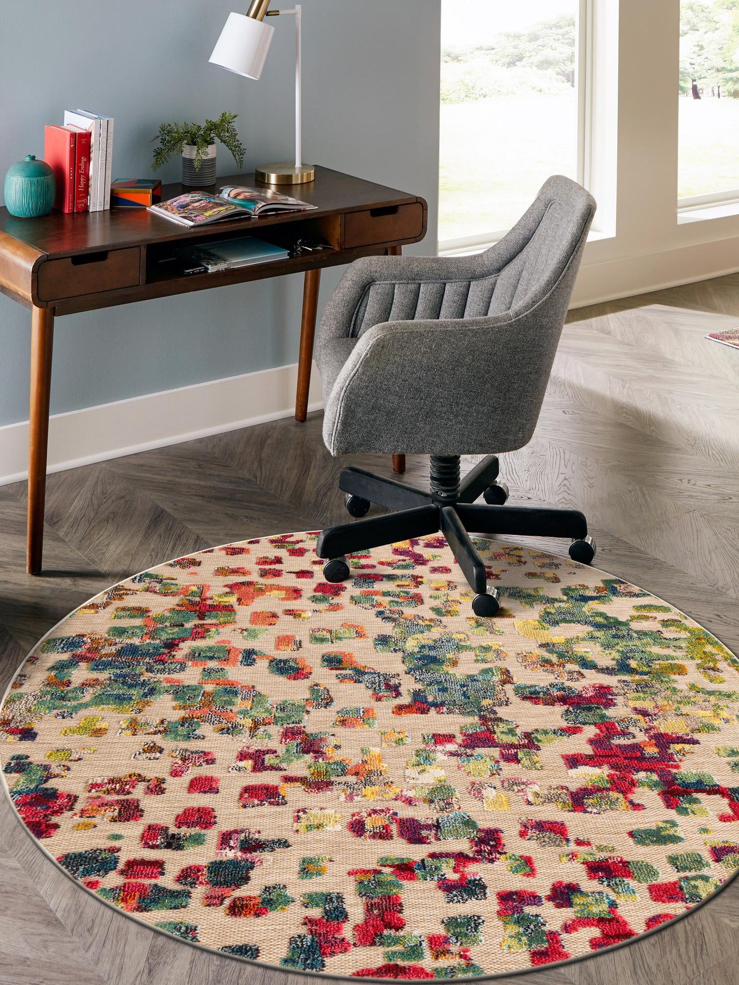 Multicolor 6' 1 x 6' 1 Outdoor Casablanca Round Area Rug Weather Resistant for Patio, Deck, Terrace, Balcony, Porch Polypropylene Vivid Colorful Modern Carpet for Sale at Rug Engine