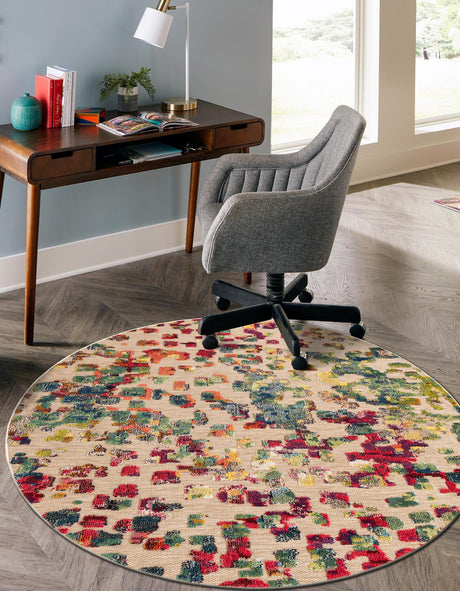 Multicolor 6' 1 x 6' 1 Outdoor Casablanca Round Area Rug Weather Resistant for Patio, Deck, Terrace, Balcony, Porch Polypropylene Vivid Colorful Modern Carpet for Sale at Rug Engine