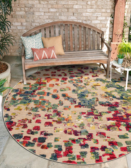 Multicolor 7' 10 x 7' 10 Outdoor Casablanca Round Area Rug Weather Resistant for Patio, Deck, Terrace, Balcony, Porch Polypropylene Vivid Colorful Modern Carpet for Sale at Rug Engine