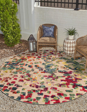 Multicolor 7' 10 x 7' 10 Outdoor Casablanca Round Area Rug Weather Resistant for Patio, Deck, Terrace, Balcony, Porch Polypropylene Vivid Colorful Modern Carpet for Sale at Rug Engine