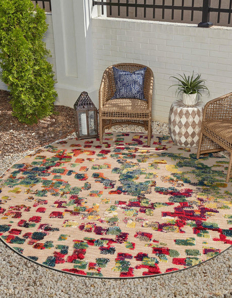 Multicolor 7' 10 x 7' 10 Outdoor Casablanca Round Area Rug Weather Resistant for Patio, Deck, Terrace, Balcony, Porch Polypropylene Vivid Colorful Modern Carpet for Sale at Rug Engine