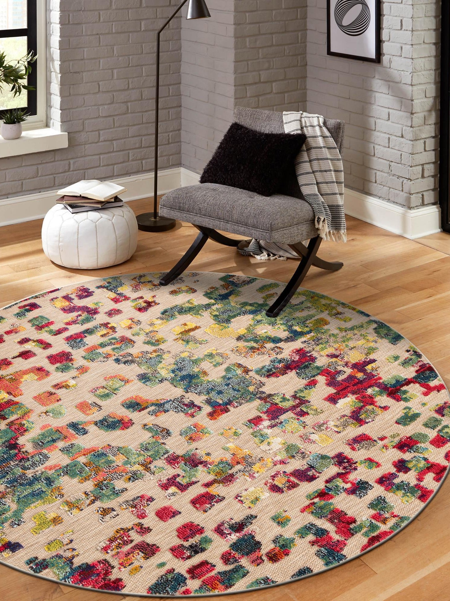 Multicolor 7' 10 x 7' 10 Outdoor Casablanca Round Area Rug Weather Resistant for Patio, Deck, Terrace, Balcony, Porch Polypropylene Vivid Colorful Modern Carpet for Sale at Rug Engine
