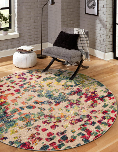 Multicolor 6' 1 x 6' 1 Outdoor Casablanca Round Area Rug Weather Resistant for Patio, Deck, Terrace, Balcony, Porch Polypropylene Vivid Colorful Modern Carpet for Sale at Rug Engine