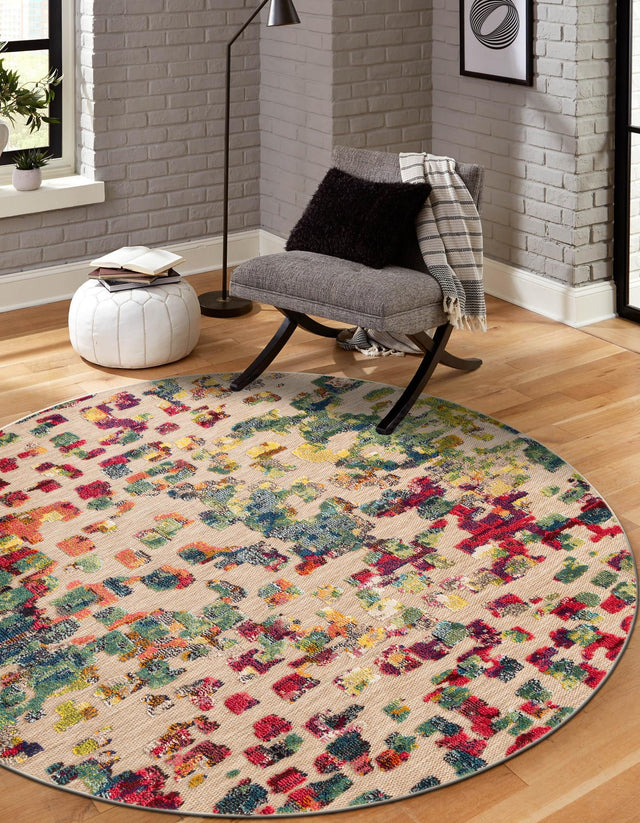 Multicolor 6' 1 x 6' 1 Outdoor Casablanca Round Area Rug Weather Resistant for Patio, Deck, Terrace, Balcony, Porch Polypropylene Vivid Colorful Modern Carpet for Sale at Rug Engine