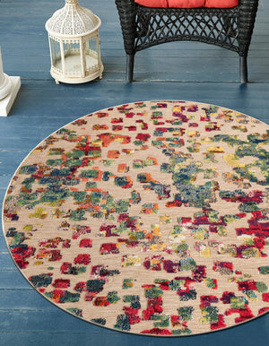 Multicolor 3' 1 x 3' 1 Outdoor Casablanca Round Area Rug Weather Resistant for Patio, Deck, Terrace, Balcony, Porch Polypropylene Vivid Colorful Modern Carpet for Sale at Rug Engine