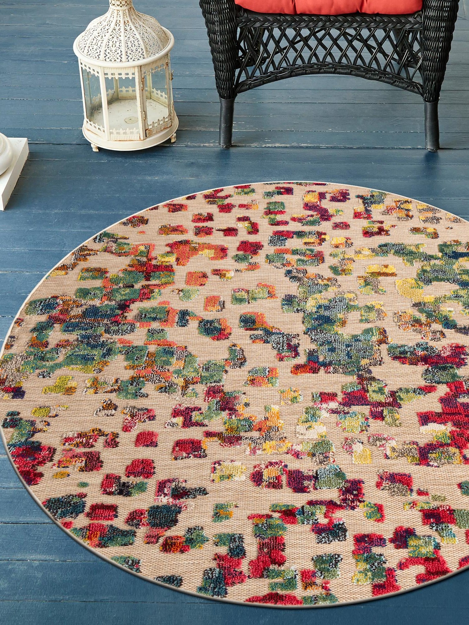 Multicolor 7' 10 x 7' 10 Outdoor Casablanca Round Area Rug Weather Resistant for Patio, Deck, Terrace, Balcony, Porch Polypropylene Vivid Colorful Modern Carpet for Sale at Rug Engine