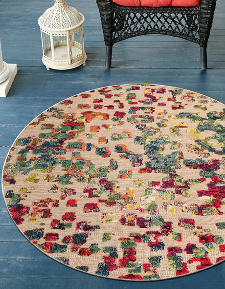 Multicolor 7' 10 x 7' 10 Outdoor Casablanca Round Area Rug Weather Resistant for Patio, Deck, Terrace, Balcony, Porch Polypropylene Vivid Colorful Modern Carpet for Sale at Rug Engine