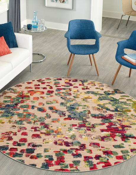 Multicolor 3' 1 x 3' 1 Outdoor Casablanca Round Area Rug Weather Resistant for Patio, Deck, Terrace, Balcony, Porch Polypropylene Vivid Colorful Modern Carpet for Sale at Rug Engine