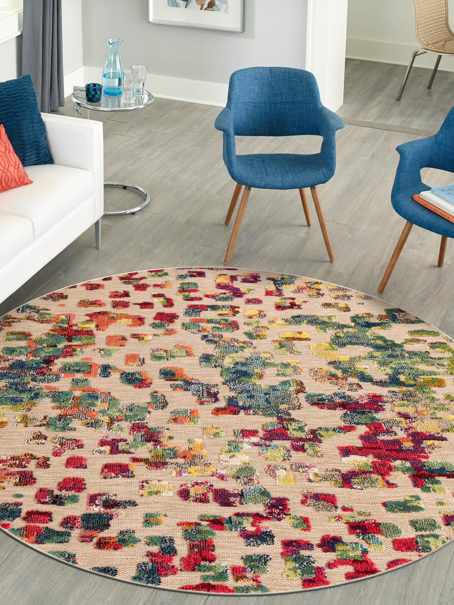 Multicolor 7' 10 x 7' 10 Outdoor Casablanca Round Area Rug Weather Resistant for Patio, Deck, Terrace, Balcony, Porch Polypropylene Vivid Colorful Modern Carpet for Sale at Rug Engine