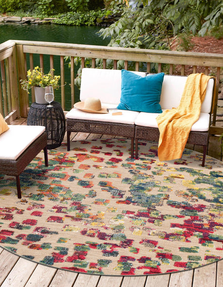 Multicolor 7' 10 x 7' 10 Outdoor Casablanca Round Area Rug Weather Resistant for Patio, Deck, Terrace, Balcony, Porch Polypropylene Vivid Colorful Modern Carpet for Sale at Rug Engine