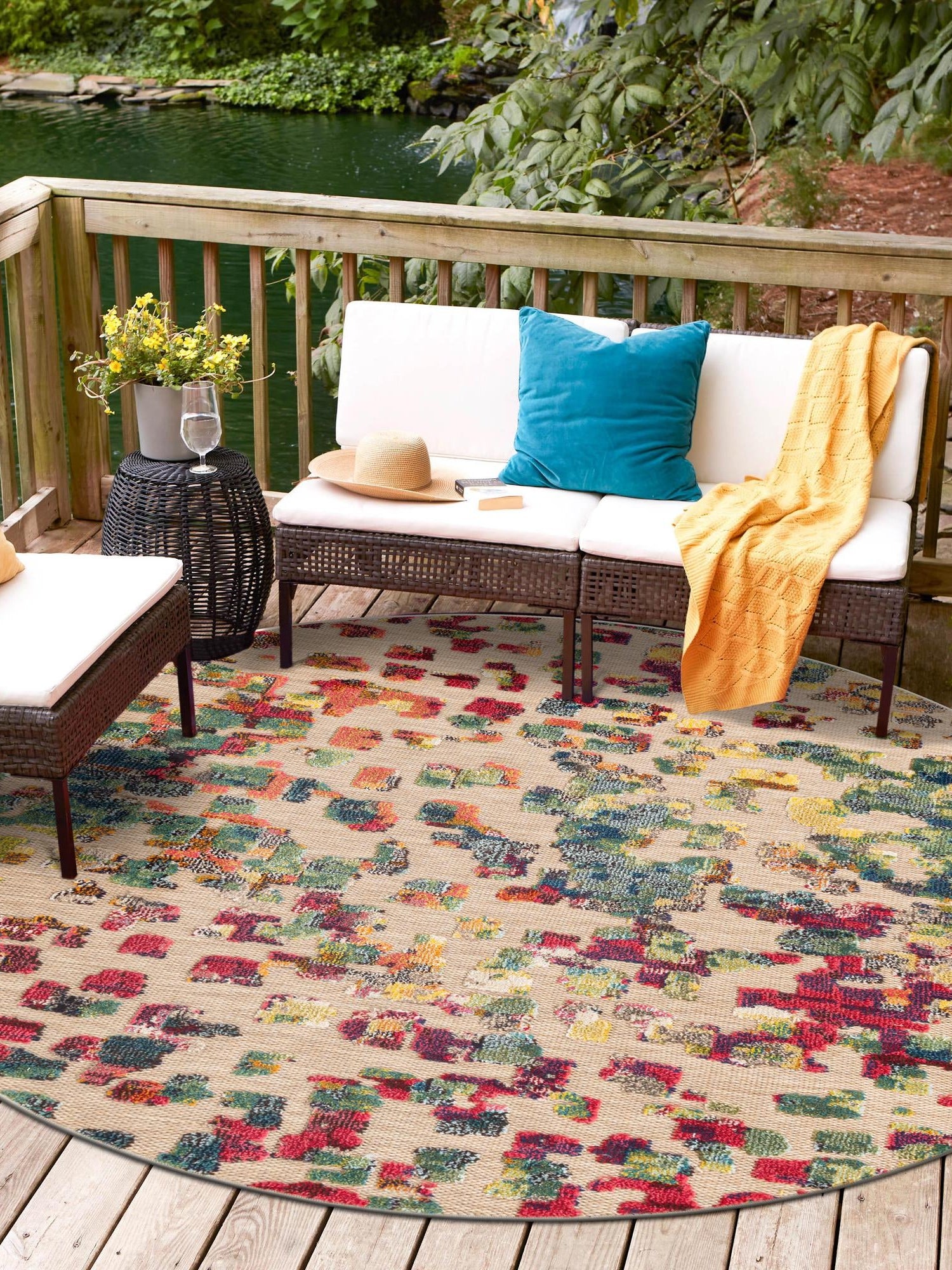 Multicolor 3' 1 x 3' 1 Outdoor Casablanca Round Area Rug Weather Resistant for Patio, Deck, Terrace, Balcony, Porch Polypropylene Vivid Colorful Modern Carpet for Sale at Rug Engine