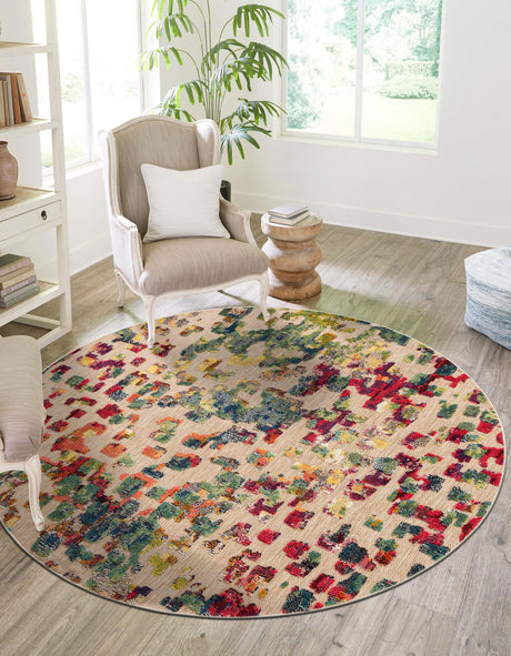 Multicolor 7' 10 x 7' 10 Outdoor Casablanca Round Area Rug Weather Resistant for Patio, Deck, Terrace, Balcony, Porch Polypropylene Vivid Colorful Modern Carpet for Sale at Rug Engine