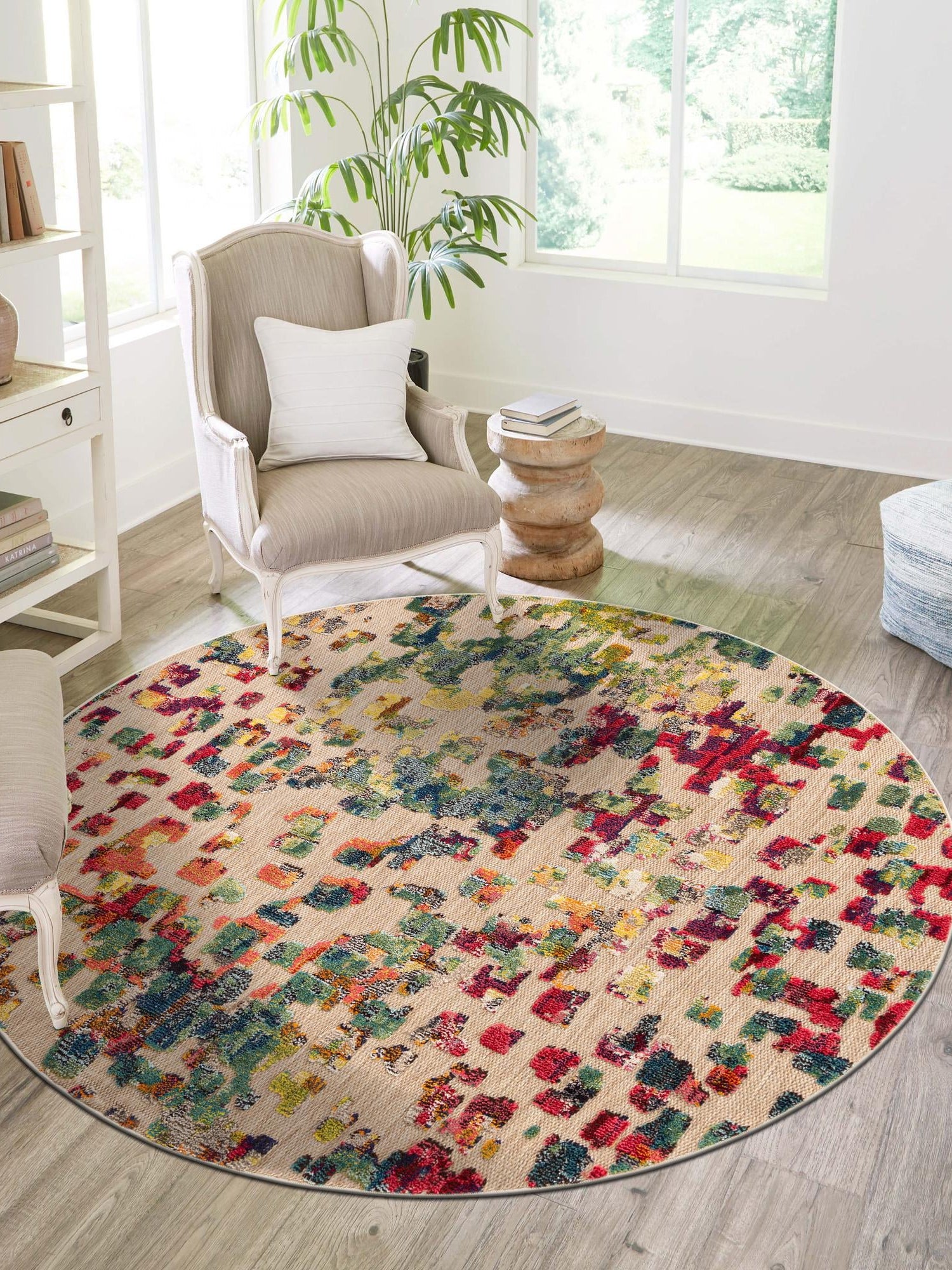 Multicolor 3' 1 x 3' 1 Outdoor Casablanca Round Area Rug Weather Resistant for Patio, Deck, Terrace, Balcony, Porch Polypropylene Vivid Colorful Modern Carpet for Sale at Rug Engine