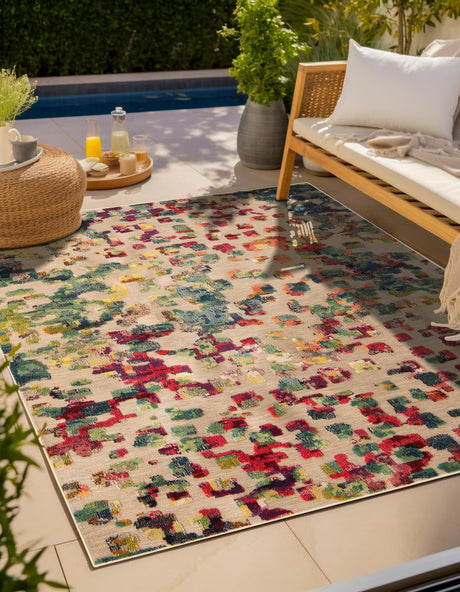 Multicolor 7' 10 x 7' 10 Outdoor Casablanca Square Area Rug Weather Resistant for Patio, Deck, Terrace, Balcony, Porch Polypropylene Vivid Colorful Modern Carpet for Sale at Rug Engine