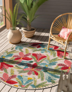 Multicolor 6' 1 x 6' 1 Outdoor Casablanca Round Area Rug Weather Resistant for Patio, Deck, Terrace, Balcony, Porch Polypropylene Vivid Colorful Modern Carpet for Sale at Rug Engine