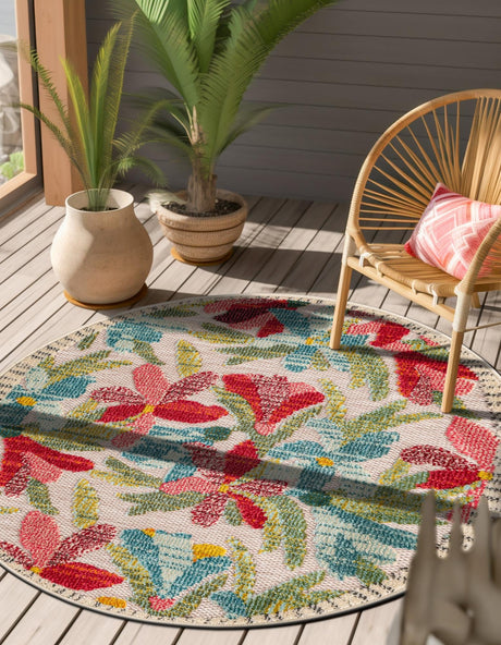 Multicolor 7' 10 x 7' 10 Outdoor Casablanca Round Area Rug Weather Resistant for Patio, Deck, Terrace, Balcony, Porch Polypropylene Vivid Colorful Modern Carpet for Sale at Rug Engine