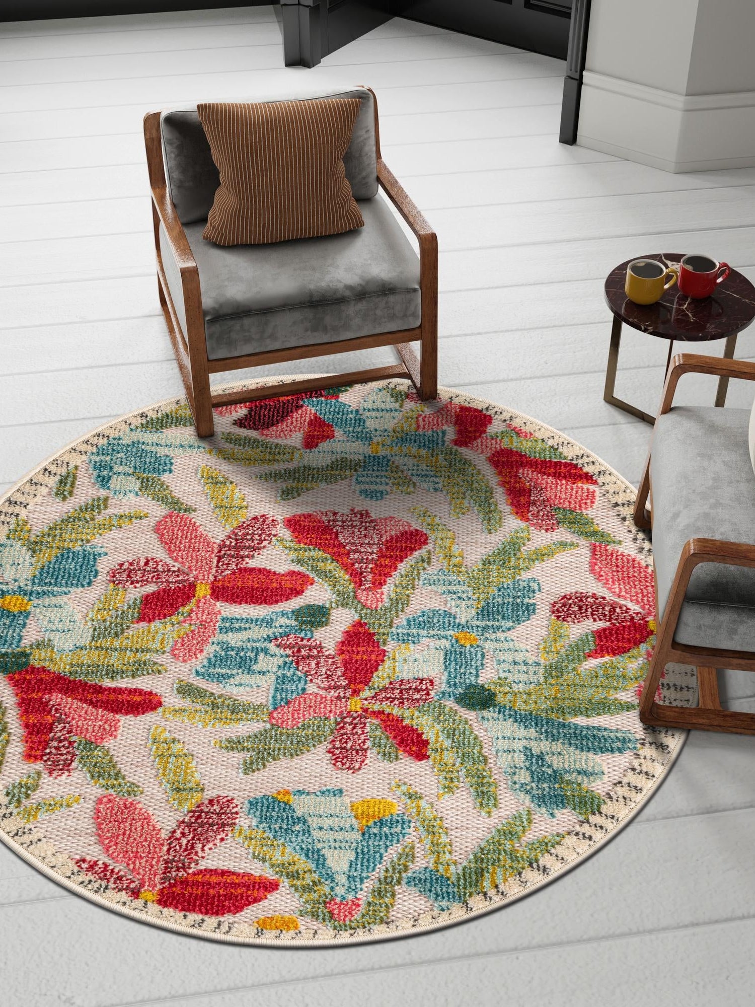 Multicolor 7' 10 x 7' 10 Outdoor Casablanca Round Area Rug Weather Resistant for Patio, Deck, Terrace, Balcony, Porch