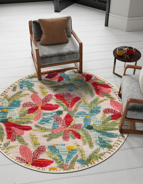 Multicolor 7' 10 x 7' 10 Outdoor Casablanca Round Area Rug Weather Resistant for Patio, Deck, Terrace, Balcony, Porch Polypropylene Vivid Colorful Modern Carpet for Sale at Rug Engine