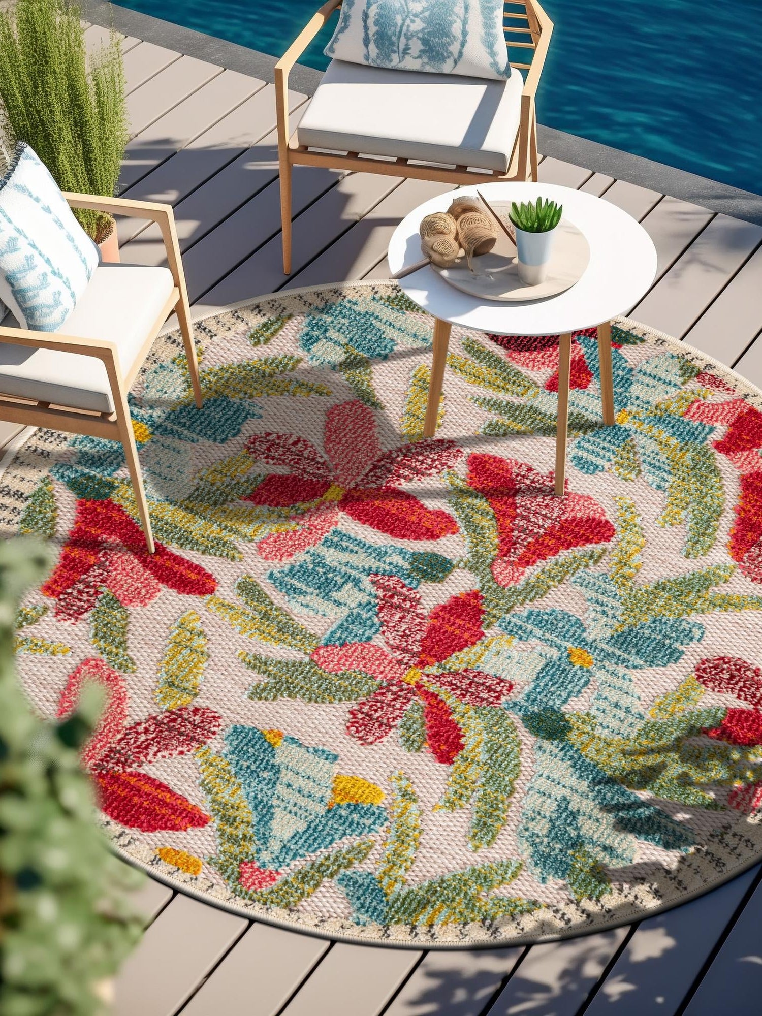 Multicolor 7' 10 x 7' 10 Outdoor Casablanca Round Area Rug Weather Resistant for Patio, Deck, Terrace, Balcony, Porch