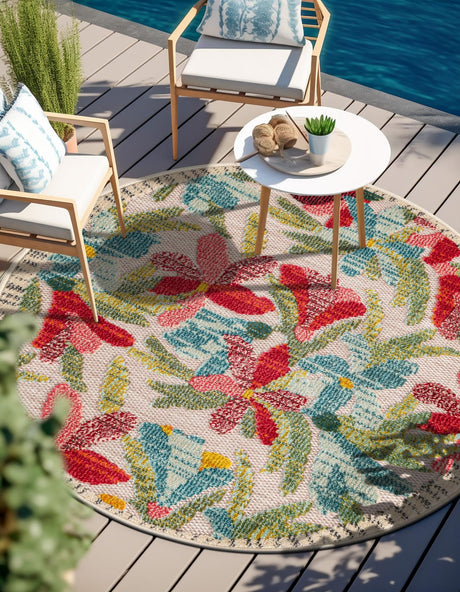 Multicolor 7' 10 x 7' 10 Outdoor Casablanca Round Area Rug Weather Resistant for Patio, Deck, Terrace, Balcony, Porch Polypropylene Vivid Colorful Modern Carpet for Sale at Rug Engine