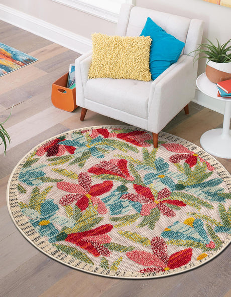 Multicolor 7' 10 x 7' 10 Outdoor Casablanca Round Area Rug Weather Resistant for Patio, Deck, Terrace, Balcony, Porch Polypropylene Vivid Colorful Modern Carpet for Sale at Rug Engine