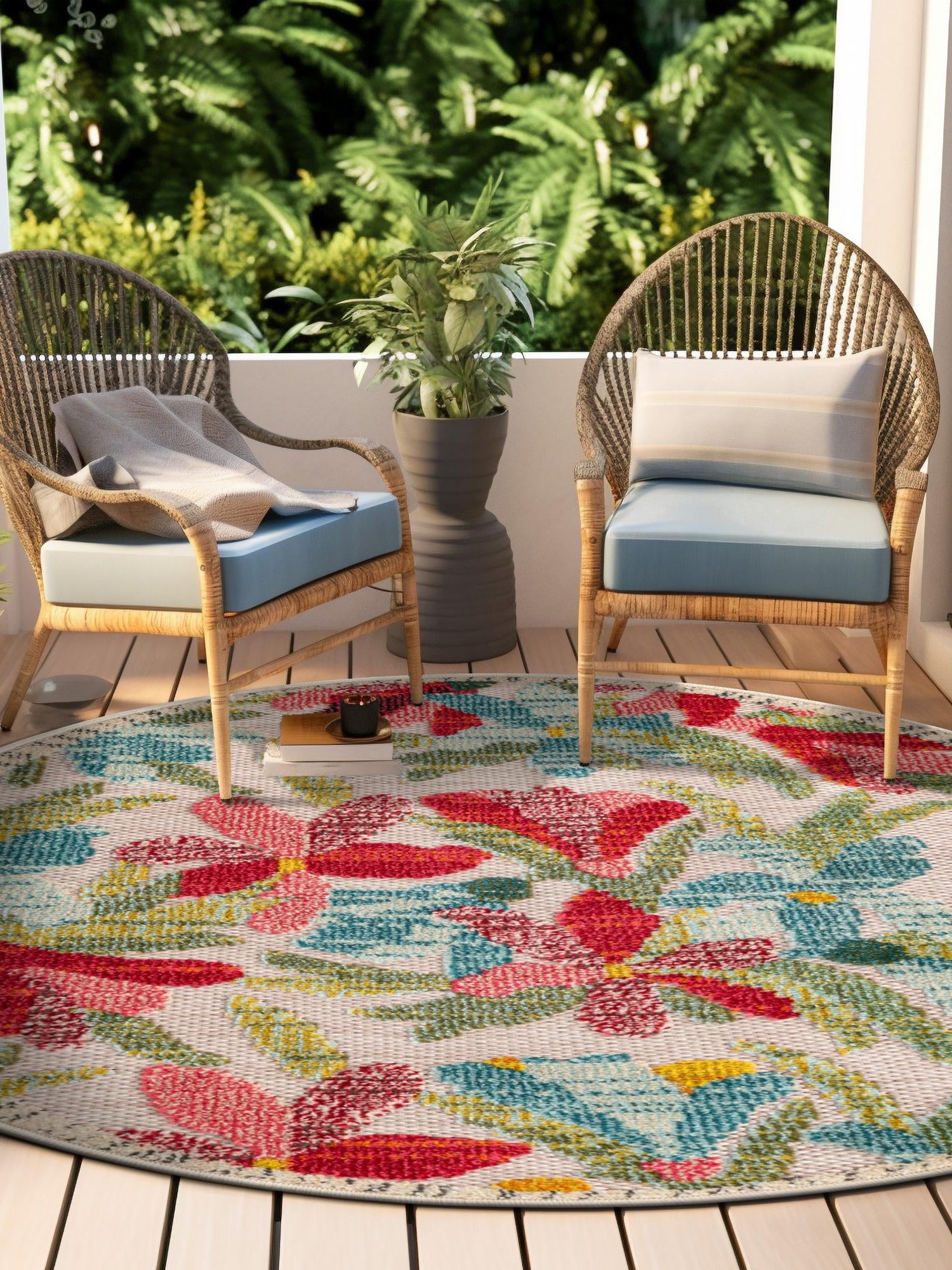 Multicolor 7' 10 x 7' 10 Outdoor Casablanca Round Area Rug Weather Resistant for Patio, Deck, Terrace, Balcony, Porch