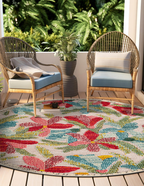 Multicolor 7' 10 x 7' 10 Outdoor Casablanca Round Area Rug Weather Resistant for Patio, Deck, Terrace, Balcony, Porch Polypropylene Vivid Colorful Modern Carpet for Sale at Rug Engine