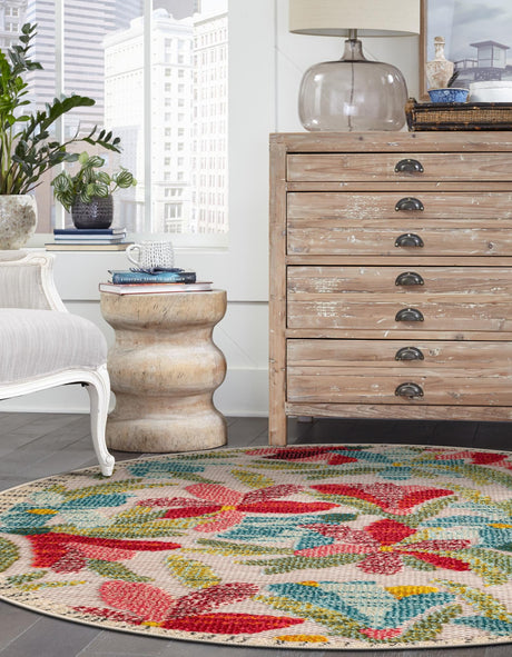 Multicolor 6' 1 x 6' 1 Outdoor Casablanca Round Area Rug Weather Resistant for Patio, Deck, Terrace, Balcony, Porch Polypropylene Vivid Colorful Modern Carpet for Sale at Rug Engine
