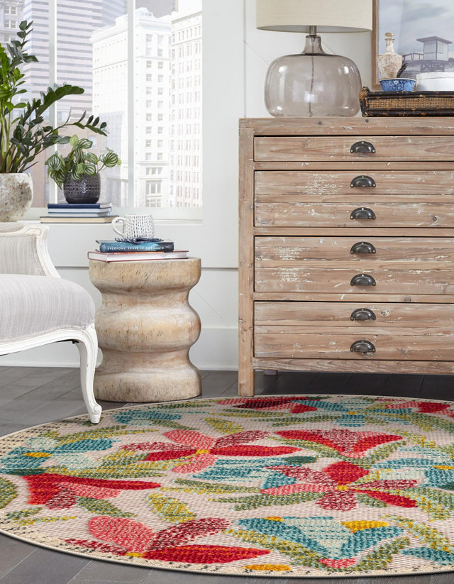 Multicolor 3' 1 x 3' 1 Outdoor Casablanca Round Area Rug Weather Resistant for Patio, Deck, Terrace, Balcony, Porch Polypropylene Vivid Colorful Modern Carpet for Sale at Rug Engine