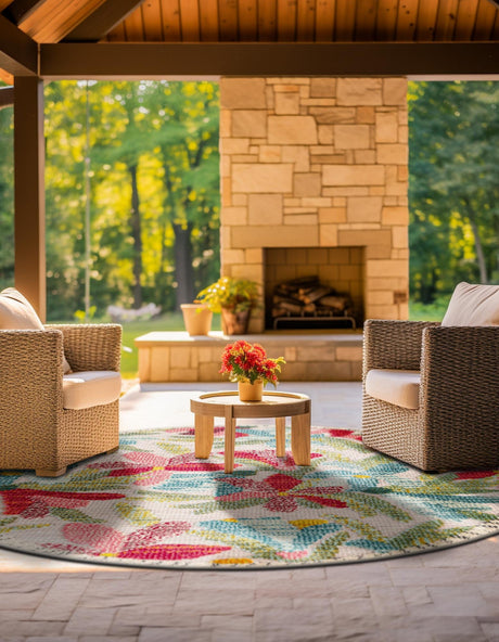 Multicolor 6' 1 x 6' 1 Outdoor Casablanca Round Area Rug Weather Resistant for Patio, Deck, Terrace, Balcony, Porch Polypropylene Vivid Colorful Modern Carpet for Sale at Rug Engine
