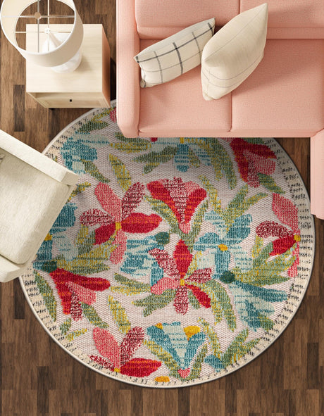 Multicolor 6' 1 x 6' 1 Outdoor Casablanca Round Area Rug Weather Resistant for Patio, Deck, Terrace, Balcony, Porch Polypropylene Vivid Colorful Modern Carpet for Sale at Rug Engine