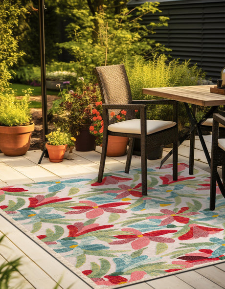 Multicolor 7' 10 x 7' 10 Outdoor Casablanca Square Area Rug Weather Resistant for Patio, Deck, Terrace, Balcony, Porch Polypropylene Vivid Colorful Modern Carpet for Sale at Rug Engine