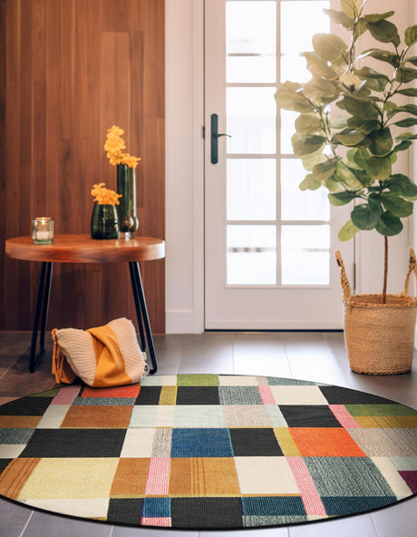 Multicolor 3' 1 x 3' 1 Outdoor Casablanca Round Area Rug Weather Resistant for Patio, Deck, Terrace, Balcony, Porch Polypropylene Vivid Colorful Modern Carpet for Sale at Rug Engine