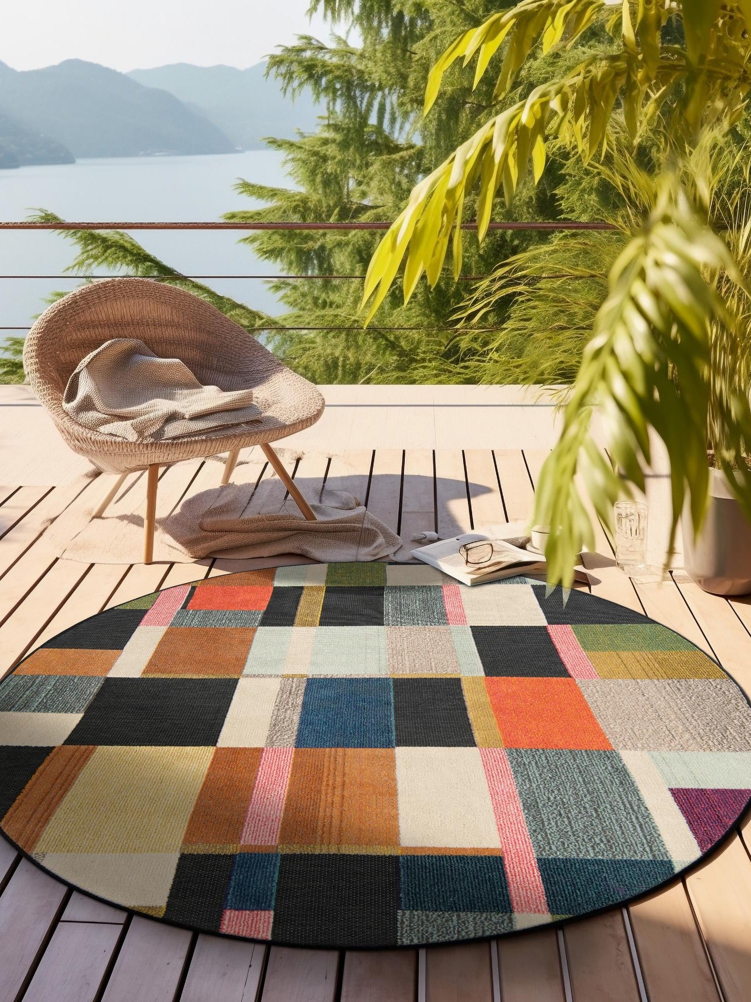 Multicolor 6' 1 x 6' 1 Outdoor Casablanca Round Area Rug Weather Resistant for Patio, Deck, Terrace, Balcony, Porch Polypropylene Vivid Colorful Modern Carpet for Sale at Rug Engine